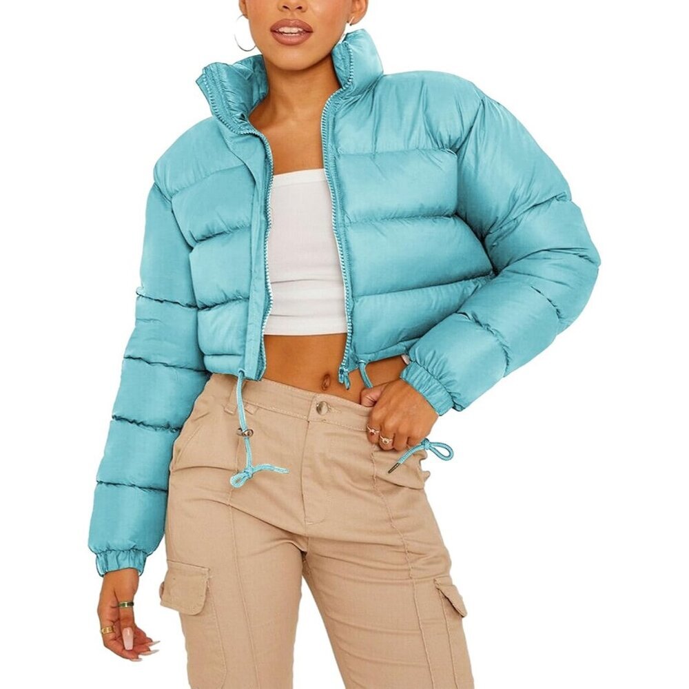 Women's Short Down Sky Blue Puffer Jacket Coat Winter Warm Zip Up Bubble Pocket